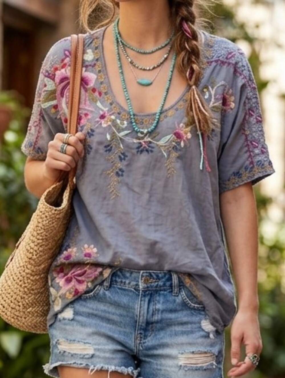 Johnny Was Cupra Rayon Embroidered Floral Tunic Top Slate Blue Gray XS